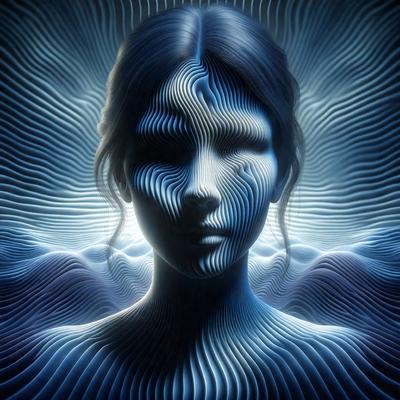 The primary subject of the image is a woman's face, which is the main focus of the image. The setting is a futuristic, digital art-like environment, with a blue background and a patterned surface. The visual style is a combination of photo and digital art, creating a unique and intriguing appearance. The colors and mood of the image are predominantly blue, giving it a futuristic and mysterious atmosphere.